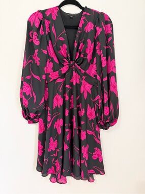 Banana Republic Petite Black Pink Floral Balloon Sleeve Dress Size 0